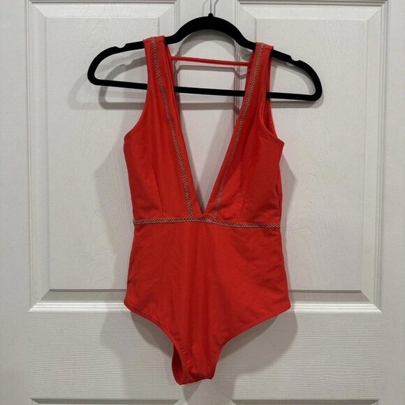 New Ellejay Swim wear Aubrey Red Orange Plunging V 1 Piece Bathing Suit Medium - Picture 5 of 10